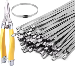CHINEE 100pcs 11.8 Inch Heavy Duty Metal Zip Ties 304 Stainless Steel Self-Locking Cable Ties Multi-Purpose Nylon Material