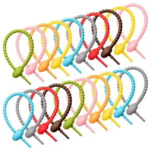 CHINEE 215mm Durable Silicone Cable Tie Data Cable Storage Organization Cable Winder with DIY Keychain Jewelry Pendant Colorful Lanyard