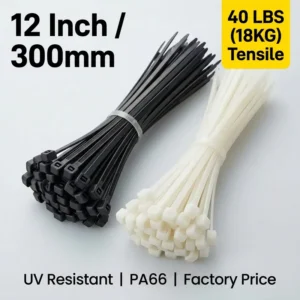 CHINEE 3.6x300mm PA66 Self-Locking Cable Ties 40lbs Tensile Strength UV Resistant Nylon Zip Ties UL94V-2 Fire-Retardant Wire Fasteners