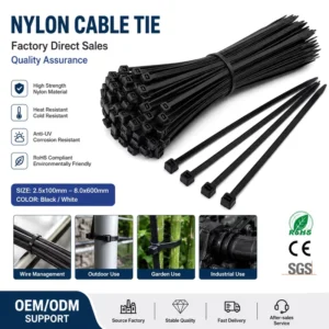 CHINEE 3x200mm Black Nylon 66 Self-Locking Cable Tie (-40~+120) for Electrical and Industrial Wire Management