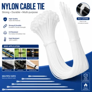 CHINEE 3x200mm White Nylon 66 Self-Locking Cable Tie for Electrical Wiring and Wire Management