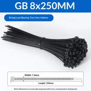 CHINEE 100 PCS Heavy Duty Self Lock Nylon Zip Ties 8*250mm Black White Strong Fastening Strap for Cable Management Industrial Wiring