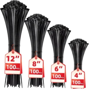 CHINEE Black Cable Zip Ties Assorted Sizes 12+8+6+4 Inch Multi Purpose Self Locking Nylon Plastic Wire Ties for Home Office Garden Use