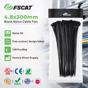 CHINEE FSCAT Nylon 66 Black Zip Cable Tie Self Locking 100pcs Plastic 4.8x300mm Good Tensile Strength UL Electrical Use Cable Ties