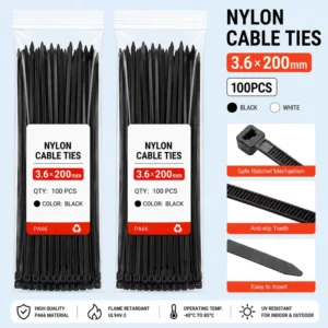 CHINEE Industrial PA66 Fireproof 3.6x200mm 8 Inch 40lbs Tensile Strength CE RoHs White Black Nylon Zip Tie Self locking Cable Tie
