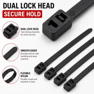 CHINEE Professional 4.8 X 200 mm Double Head Nylon Cable Ties Dual Lock Zip Ties 50Lbs PA66 Parallel Wire Management CE RoHS