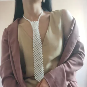 CHINEE White Artificial Pearls Neck Tie Handmade Weaving Ladies Shirt Necklace Neck Ties Womens Tie Beaded Tie Necklace for Women