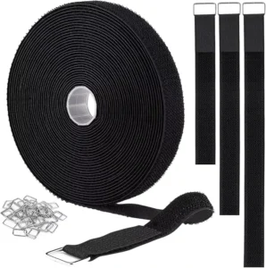 CHINEE Wholesales Black 10m*2cm Reusable Cable Ties Adjustable Hook and Loop Straps with 50 Metal Plastic Buckles